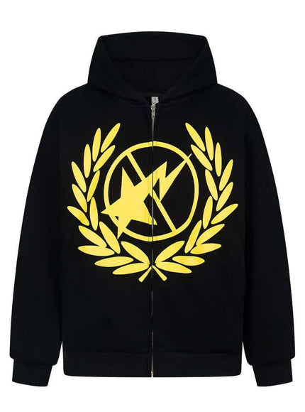 Model wearing Blue lightning printed hooded jacket by Grozavu