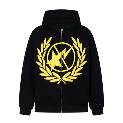 Model wearing Blue lightning printed hooded jacket by Grozavu