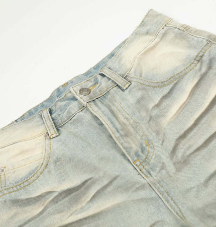 Vintage Cat-Scratch Denim Pants showing the classic whisker wash effect and loose fit design.
