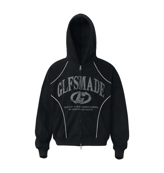 Faux Suede Printed Hoodie – Loose Fit in black with graphic print and zipper detailing.