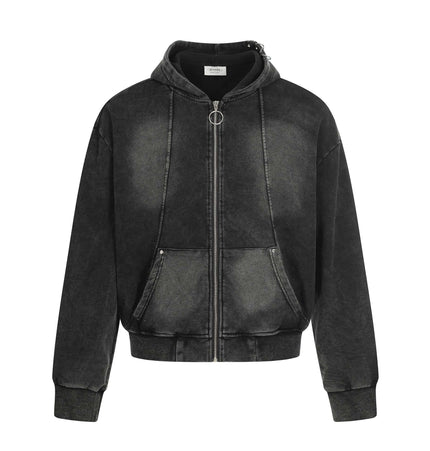 Retro Washed Zip Up Hoodie – Loose Fit in black with distressed finish and hood, perfect for casual streetwear.