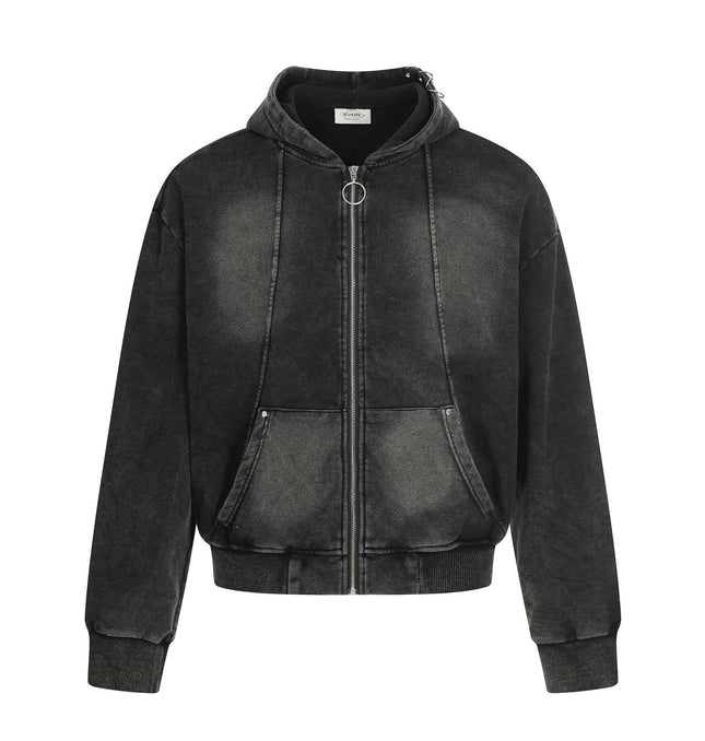 Retro Washed Zip Up Hoodie – Loose Fit in black with distressed finish and hood, perfect for casual streetwear.
