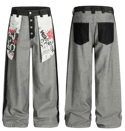 Printed Deconstructed Asymmetrical Jeans featuring bold printed panels and relaxed fit for edgy streetwear style.