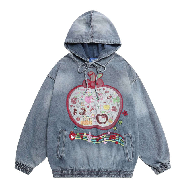 Washed Patchwork Hoodie – Loose Fit featuring a colorful apple graphic and casual denim style.