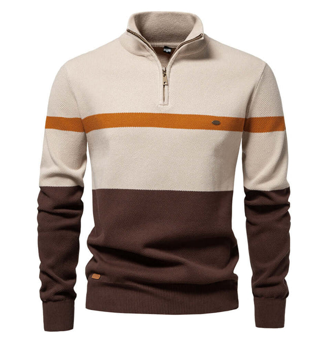 Stand Collar Half-Zip Knit Sweater in beige and brown with color-blocked design and half-zip closure.