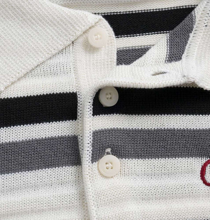 Color-Block Letter Knit Sweater - Loose Fit featuring striped pattern and embroidered letters.