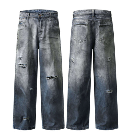 Washed Distressed Denim Pants featuring a straight leg cut and a vintage distressed look for casual style.