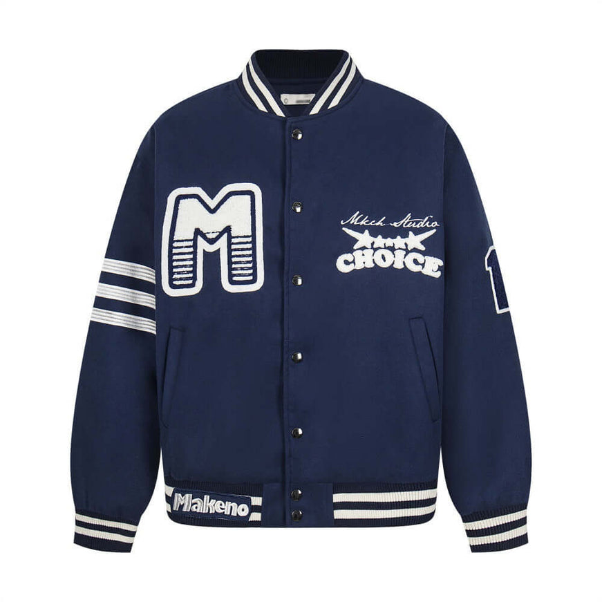 Model wearing Ivory White heavy embroidery letter baseball by Grozavu