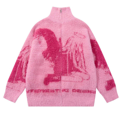Floral Jacquard Knit Cardigan – Loose Fit in pink with angel girl design, showcasing urban style and cozy comfort.