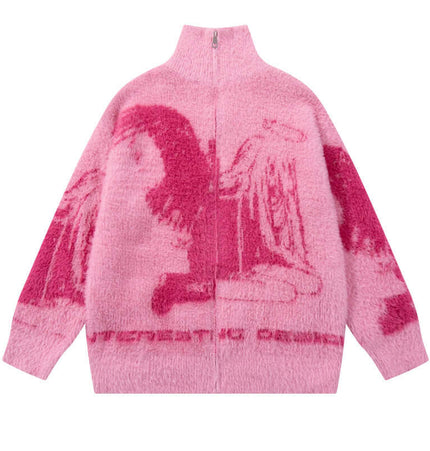 Floral Jacquard Knit Cardigan – Loose Fit in pink with angel girl design, showcasing urban style and cozy comfort.