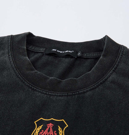 Retro Washed Badge Letter TShirt – Loose Fit neckline detail showcasing vintage badge print and relaxed fit.
