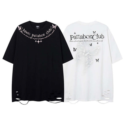 Butterfly Print TShirt – Loose Fit featuring distressed design and playful butterfly graphics in black and white.
