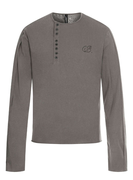 Back view of Brown henley neck long sleeve t-shirt by Grozavu