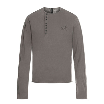 Back view of Brown henley neck long sleeve t-shirt by Grozavu