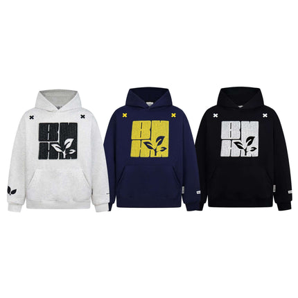 Cross Embroidered Hoodie – Loose Fit in three colors: gray, navy, and black featuring a distinct embroidered design.