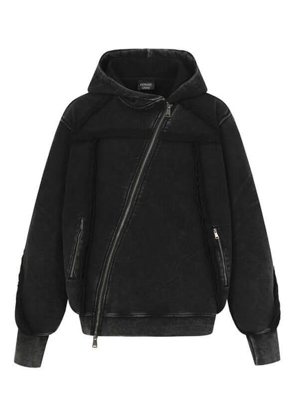 Model wearing Black urban hooded sweatshirt jacket deconstructed by Grozavu