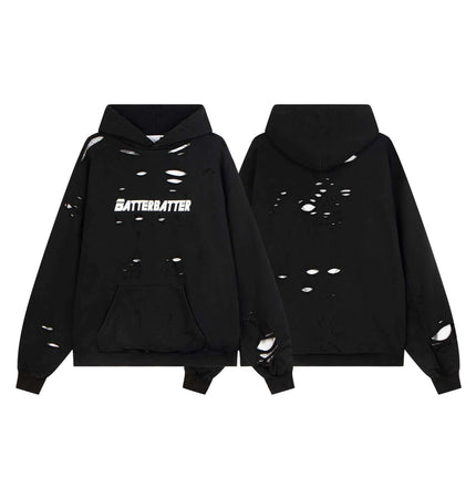 Washed Letter Print Hoodie – Loose Fit with distressed design and bold BATTERBATTER lettering in black.
