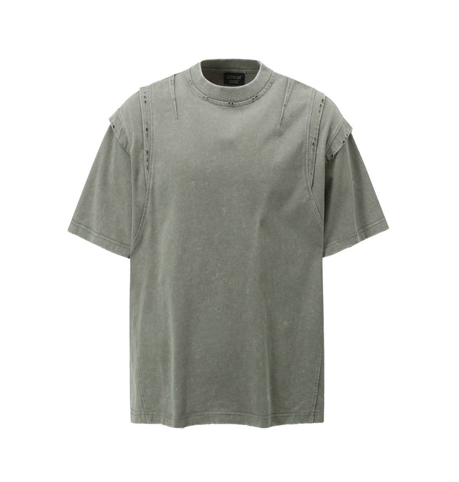 Washed Spliced Distressed TShirt – Loose Fit in olive green with unique splicing details.