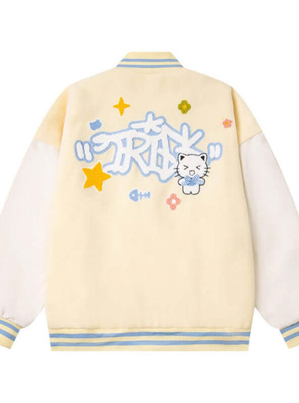 Black embroidery cute cat baseball jacket with Grozavu logo
