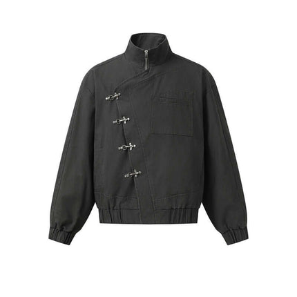 Stand Collar Casual Jacket – Loose Fit in black with unique closure design and stand collar.