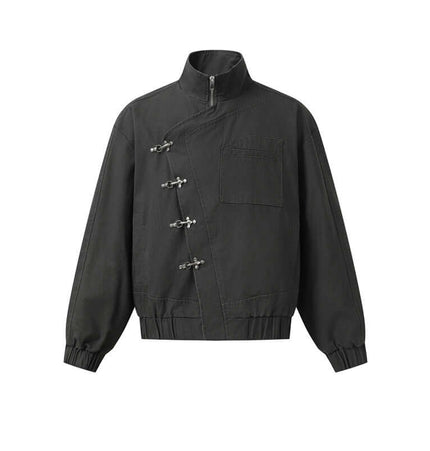 Stand Collar Casual Jacket – Loose Fit in black with unique closure design and stand collar.
