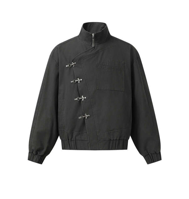 Stand Collar Casual Jacket – Loose Fit in black with unique closure design and stand collar.