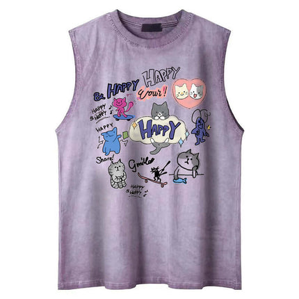 Cartoon Print Cotton Tank Top – Loose Fit featuring a playful cartoon design in a lightweight sleeveless style.