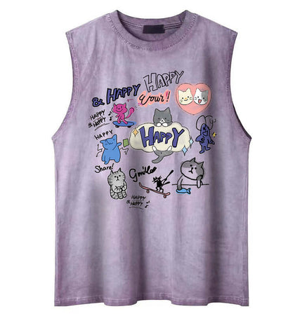 Cartoon Print Cotton Tank Top – Loose Fit featuring a playful cartoon design in a lightweight sleeveless style.