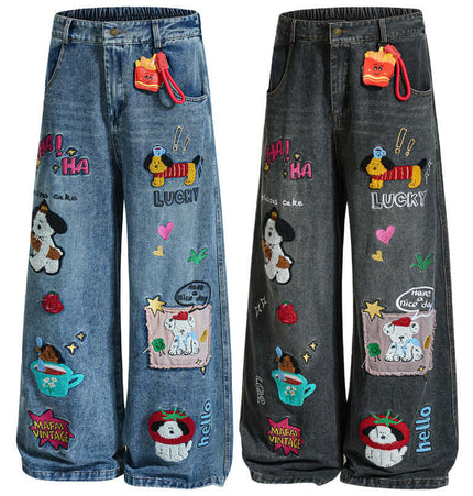 Cartoon Patch College Denim Pants featuring playful embroidery designs on a comfortable denim fit.