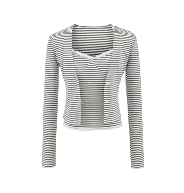 Cardigan cu guler în V cu dungi – Croială lejeră