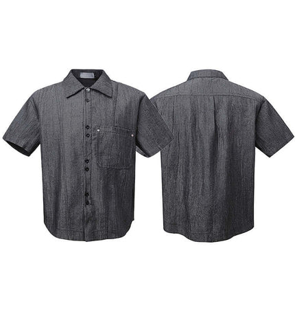 Polo Collar Short Sleeve Shirt – Loose Fit in solid black with a relaxed fit and functional pocket.