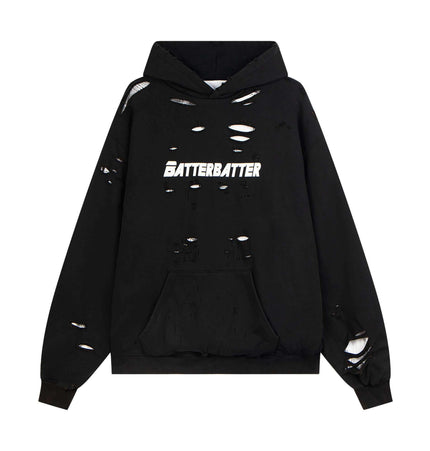 Washed Letter Print Hoodie – Loose Fit in black with distressed details and bold BATTERBATTER print.