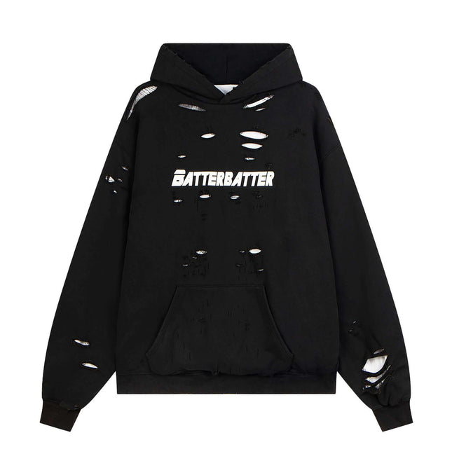 Washed Letter Print Hoodie – Loose Fit in black with distressed details and bold BATTERBATTER print.