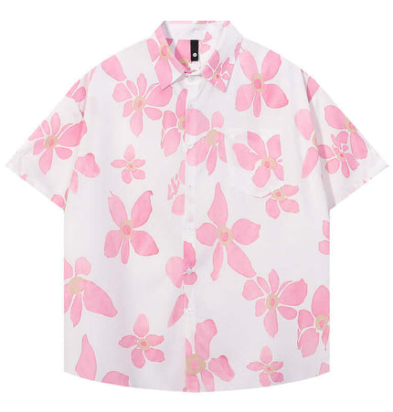 Pink Floral Short Sleeve Shirt – Loose Fit with pink and white floral pattern, perfect for summer casual wear.