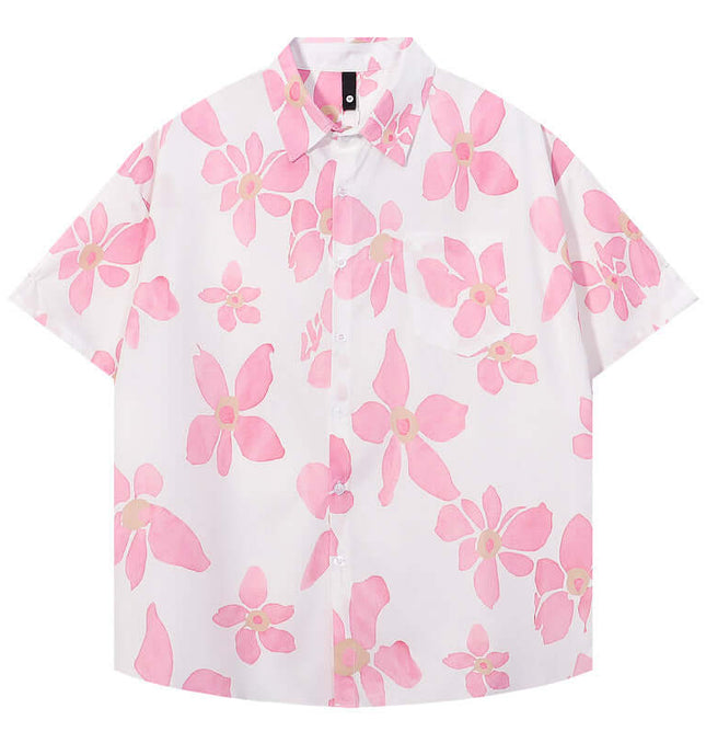 Pink Floral Short Sleeve Shirt – Loose Fit with pink and white floral pattern, perfect for summer casual wear.