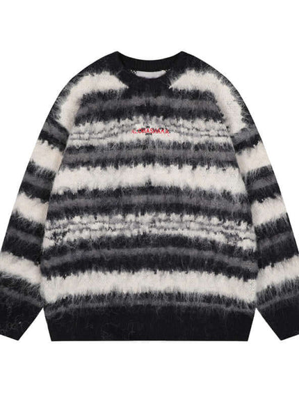 Model wearing Black stripe crewneck knitwear mohair sweater by Grozavu