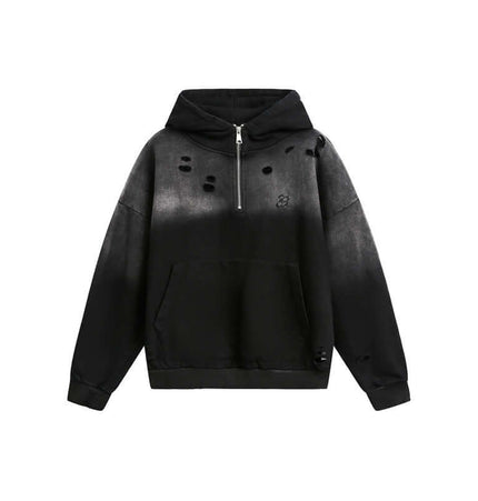 Half-Zip Printed Hoodie – Loose Fit in black with distressed design and half-zip closure, perfect for casual wear.