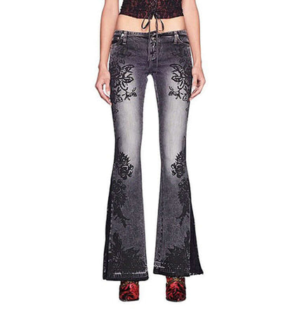 Retro Plant Print Slim Flared Jeans displayed on a model, showcasing vintage-inspired style and modern streetwear comfort.