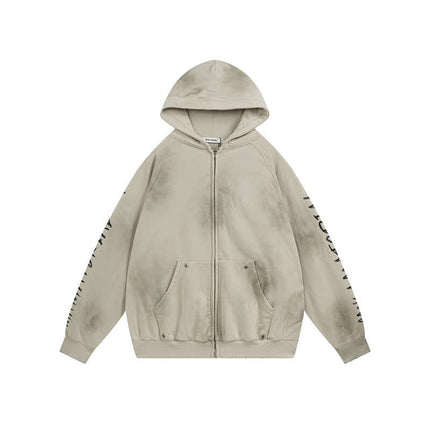 Retro Patchwork Zip Up Hoodie – Loose Fit in a light beige color with hood and embroidered detailing.