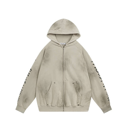 Retro Patchwork Zip Up Hoodie – Loose Fit in a light beige color with hood and embroidered detailing.