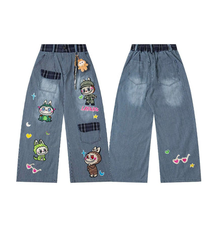 Cartoon Washed Denim Pants - Loose Fit featuring vibrant cartoon embroidery and a washed striped finish.