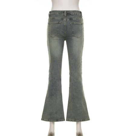Retro Washed Slim Micro Flared Pants viewed from the back, showcasing the subtle micro flare hem and washed denim finish.