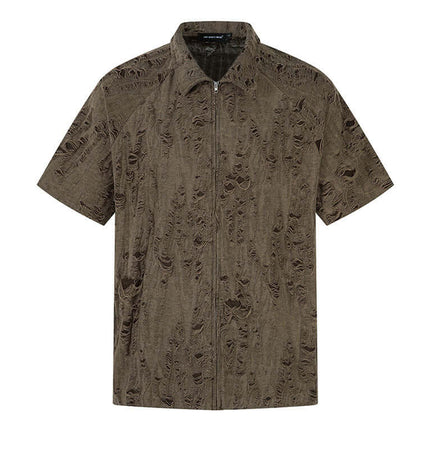 Distressed Short Sleeve Shirt - Loose Fit in trendy brown with zipper and short sleeves, designed for casual style.