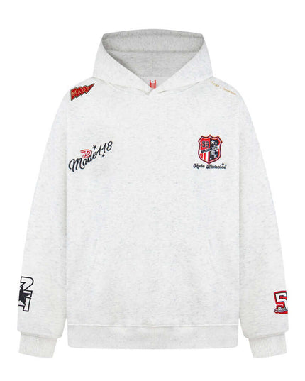 Maison Grozavu Ash Hoodie Drape in signature tone — front view showing the reinforced stitching on the hem