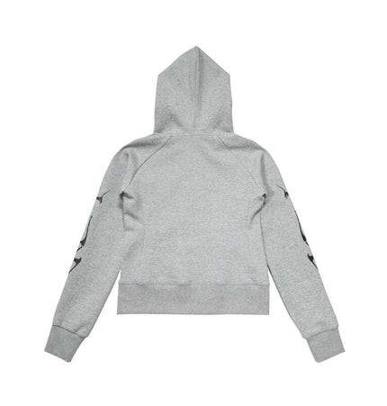 Vintage Gothic Zip-Up Hoodie – Slim Fit back view showing gray fabric and hood design.