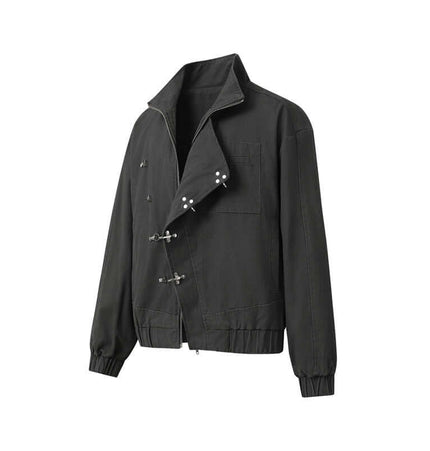 Stand Collar Casual Jacket – Loose Fit in black with a stand collar and full zipper closure.