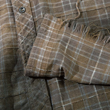 Radiant Plaid Distressed Shirt – Loose Fit featuring frayed hem and vintage plaid pattern.