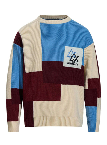 Model wearing Apricot embroidered paneled crewneck by Grozavu