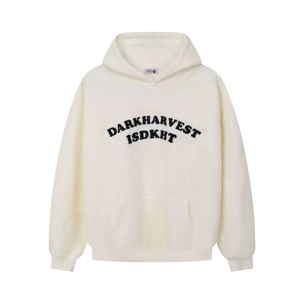Embroidered Letter Hoodie – Loose Fit featuring bold 'DARKHARVEST ISDKHT' embroidery on a cream background.