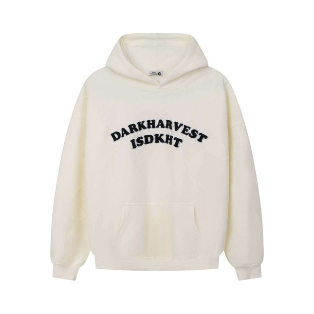Embroidered Letter Hoodie – Loose Fit featuring bold 'DARKHARVEST ISDKHT' embroidery on a cream background.